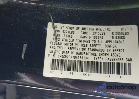 2013 Honda Accord Ex z USA, uszkodzony, nr VIN 1HGCR2F77DA089134